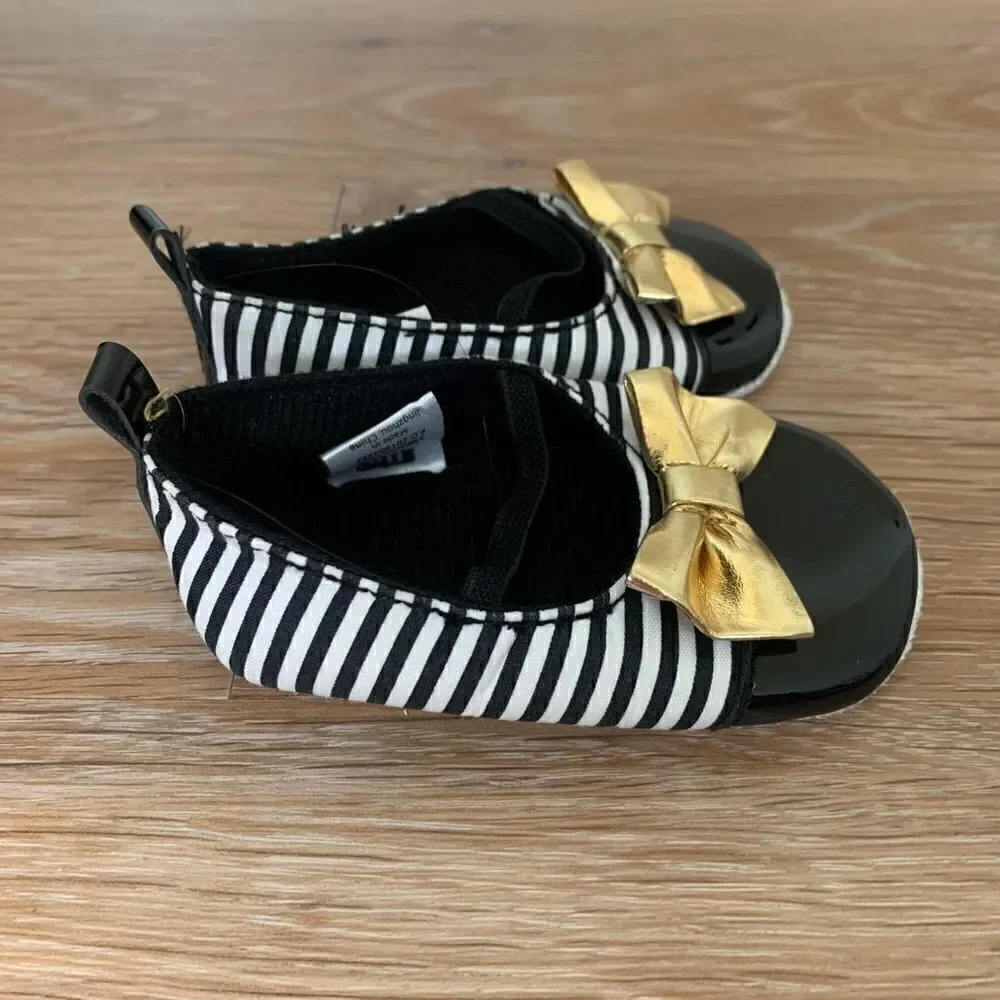 HB 6-12 Months Black Striped Patent Gold Bow Baby Girl Shoes